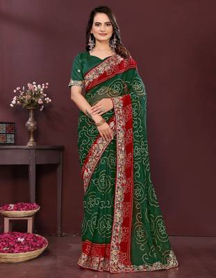 Green bahdhani printed embroidered georgette saree with unstitched blouse 1