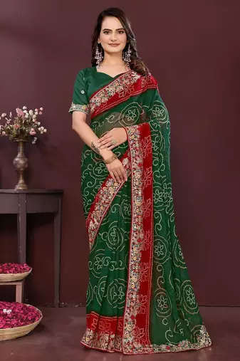 Green bahdhani printed embroidered georgette saree with unstitched blouse