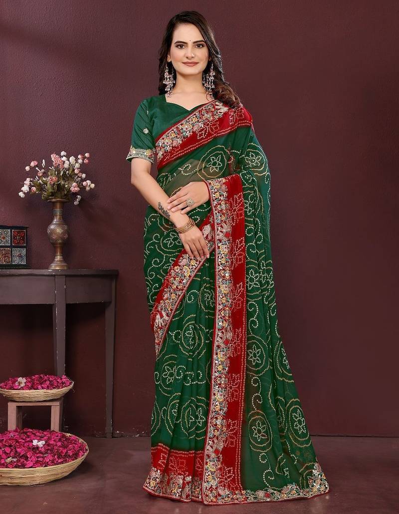 Green bahdhani printed embroidered georgette saree with unstitched blouse