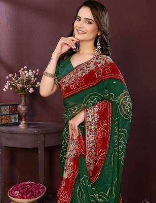 Green bahdhani printed embroidered georgette saree with unstitched blouse 2