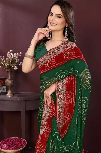 Green bahdhani printed embroidered georgette saree with unstitched blouse