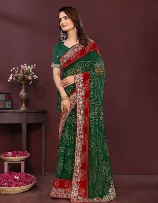 Green bahdhani printed embroidered georgette saree with unstitched blouse 3
