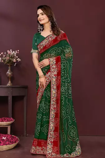 Green bahdhani printed embroidered georgette saree with unstitched blouse