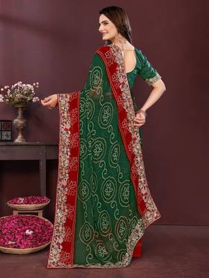 Green bahdhani printed embroidered georgette saree with unstitched blouse 4