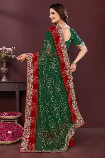 Green bahdhani printed embroidered georgette saree with unstitched blouse