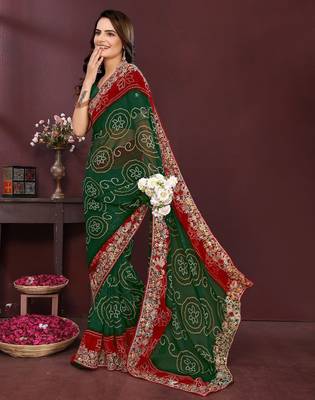 Green bahdhani printed embroidered georgette saree with unstitched blouse 5