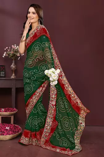 Green bahdhani printed embroidered georgette saree with unstitched blouse