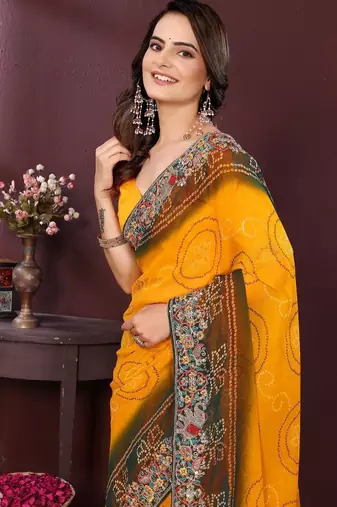 Yellow bandhani printed georgette saree with unstitched blouse