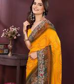 Yellow bandhani printed georgette saree with unstitched blouse