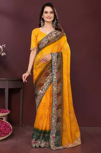 Yellow bandhani printed georgette saree with unstitched blouse