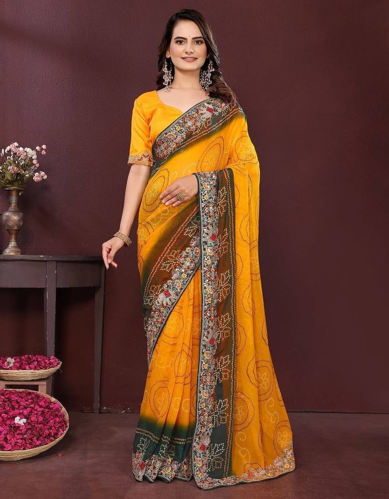 Yellow bandhani printed georgette saree with unstitched blouse