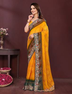 Yellow bandhani printed georgette saree with unstitched blouse 3