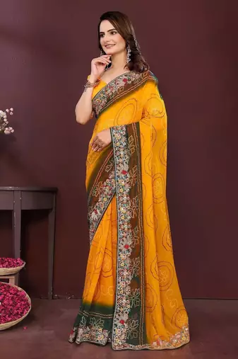 Yellow bandhani printed georgette saree with unstitched blouse