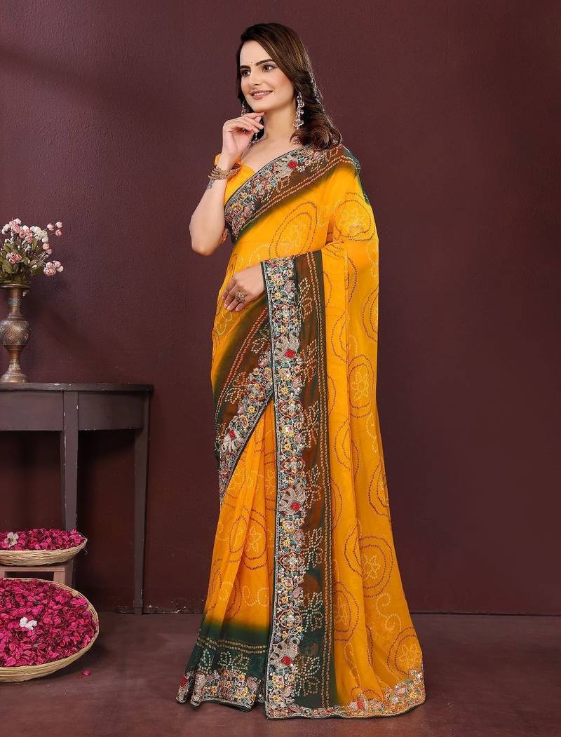 Yellow bandhani printed georgette saree with unstitched blouse