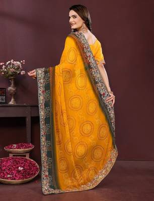 Yellow bandhani printed georgette saree with unstitched blouse 4