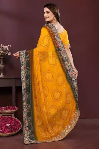 Yellow bandhani printed georgette saree with unstitched blouse
