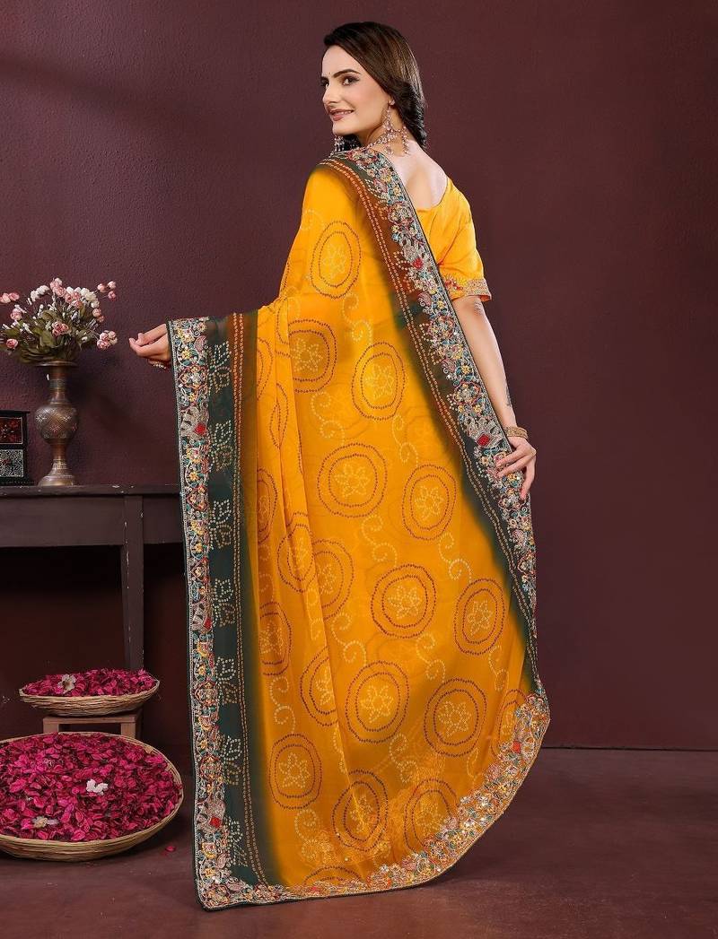 Yellow bandhani printed georgette saree with unstitched blouse