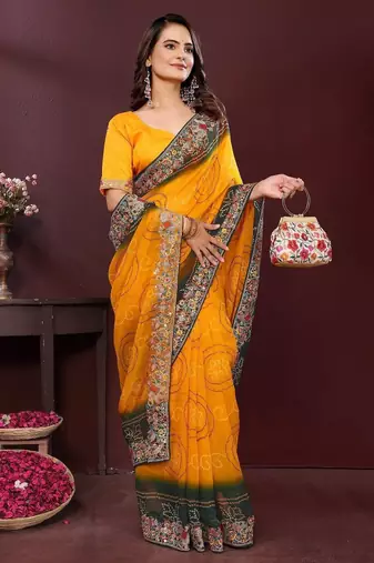 Yellow bandhani printed georgette saree with unstitched blouse