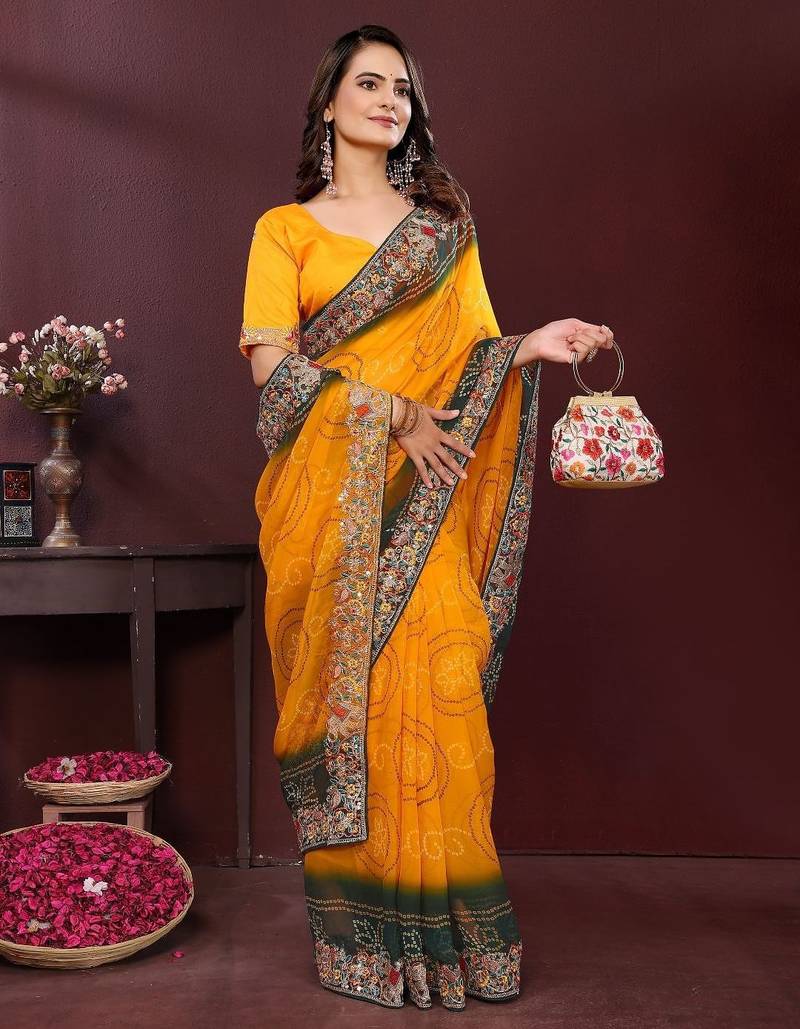 Yellow bandhani printed georgette saree with unstitched blouse