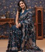 Teal floral embroidered sarees