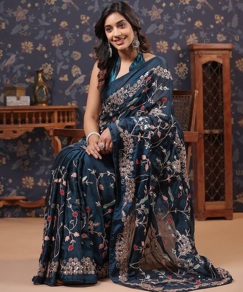 Teal floral embroidered sarees