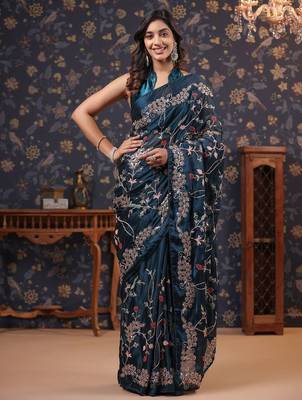 Teal floral embroidered sarees 2