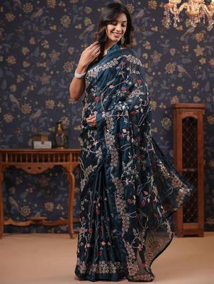 Teal floral embroidered sarees 3