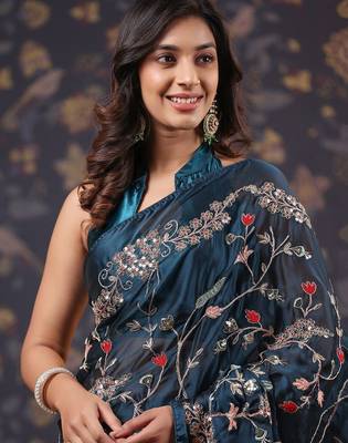 Teal floral embroidered sarees 5