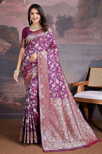 Purple woven design banarasi saree with blouse piece