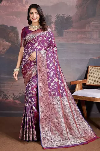 Purple woven design banarasi saree with blouse piece
