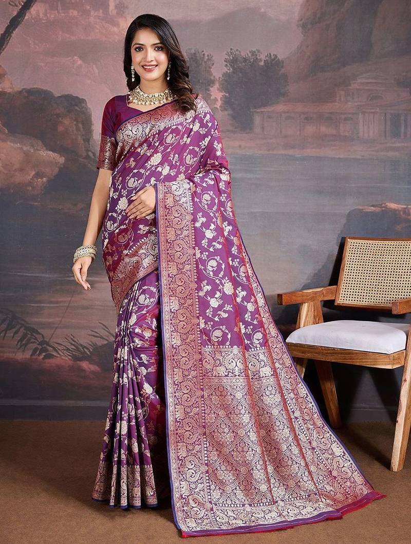 Purple woven design banarasi saree with blouse piece