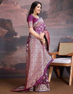 Purple woven design banarasi saree with blouse piece 2
