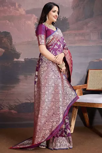 Purple woven design banarasi saree with blouse piece