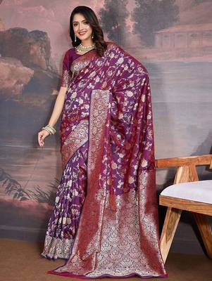 Purple woven design banarasi saree with blouse piece 3
