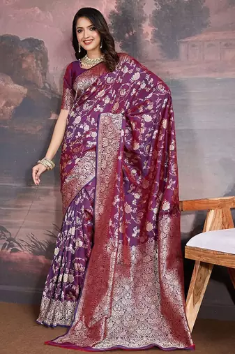 Purple woven design banarasi saree with blouse piece
