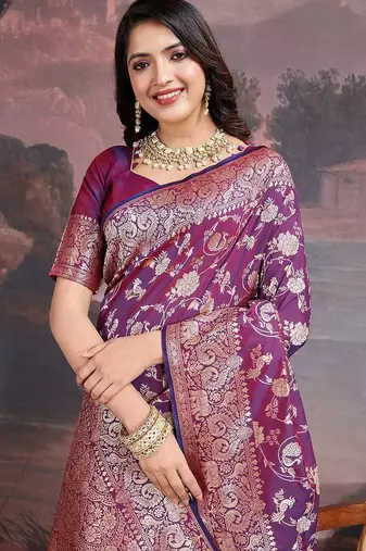 Purple woven design banarasi saree with blouse piece
