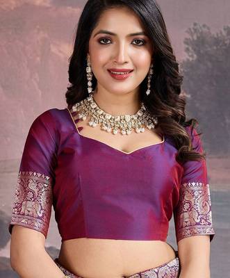 Purple woven design banarasi saree with blouse piece 5