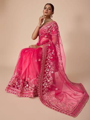 Pink embroidered saree with blouse piece 1