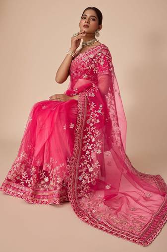 Pink embroidered saree with blouse piece