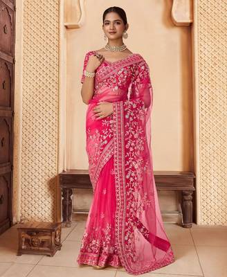 Pink embroidered saree with blouse piece 2