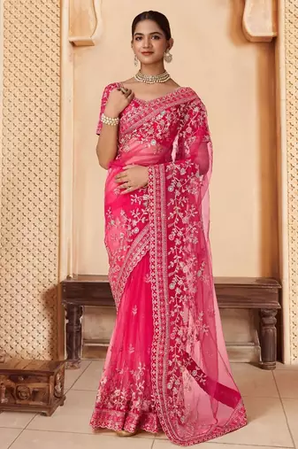 Pink embroidered saree with blouse piece