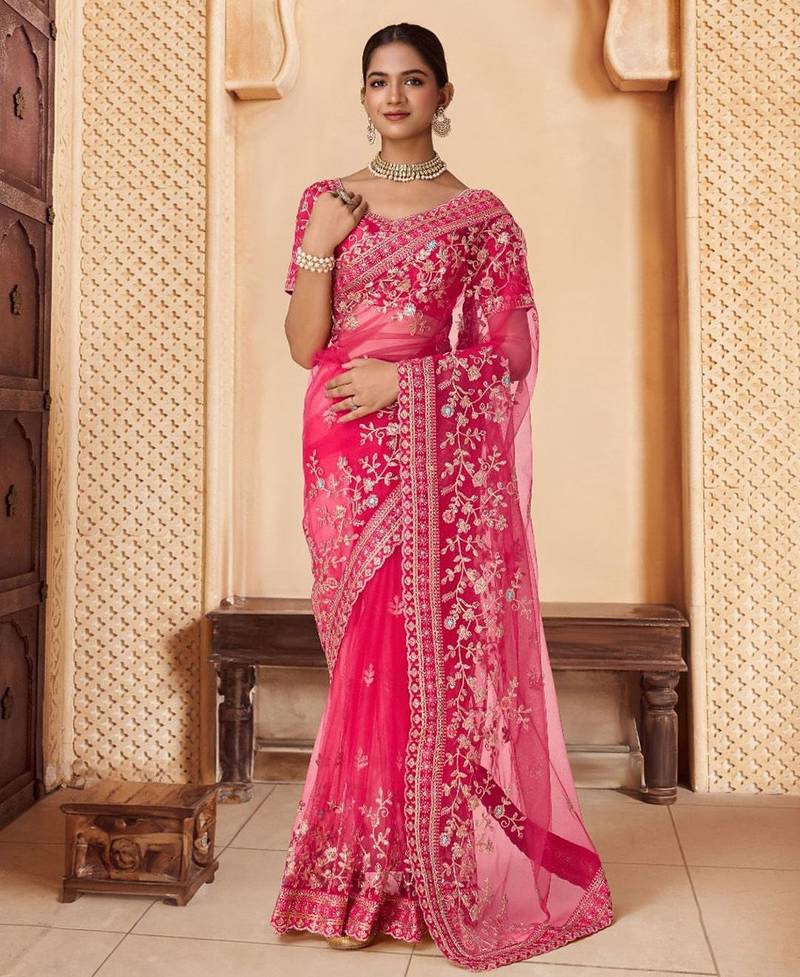 Pink embroidered saree with blouse piece