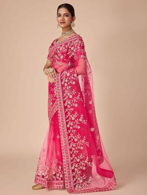 Pink embroidered saree with blouse piece 3