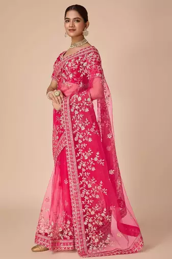 Pink embroidered saree with blouse piece