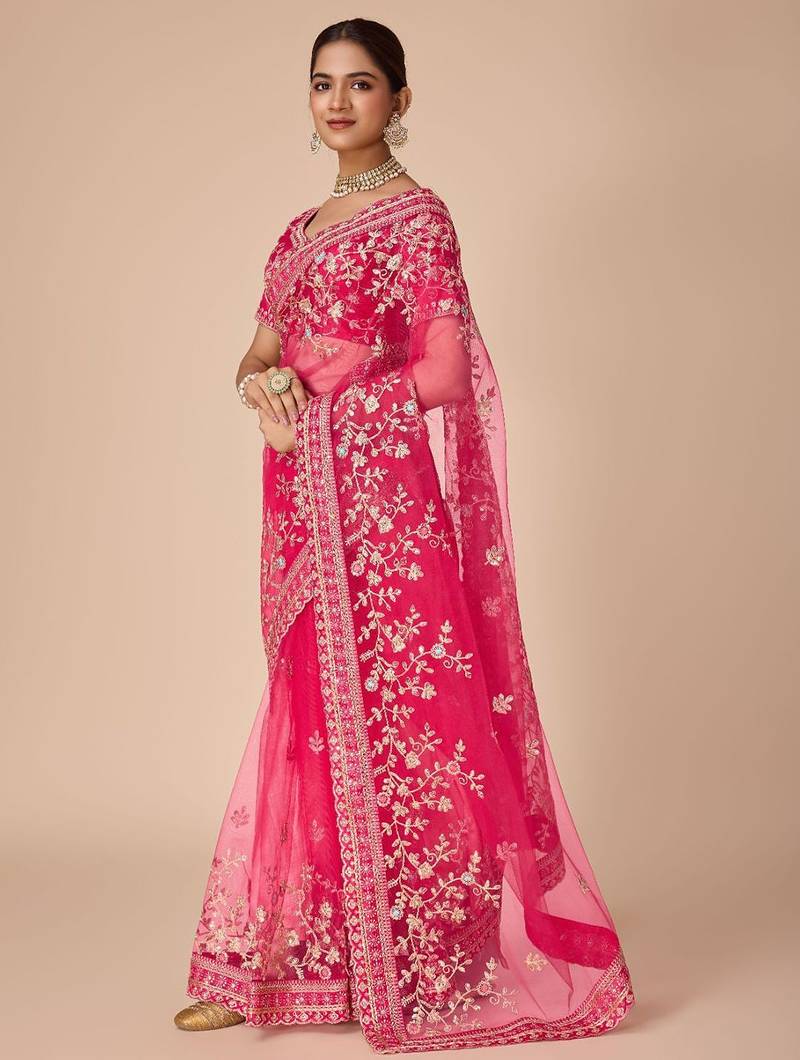 Pink embroidered saree with blouse piece