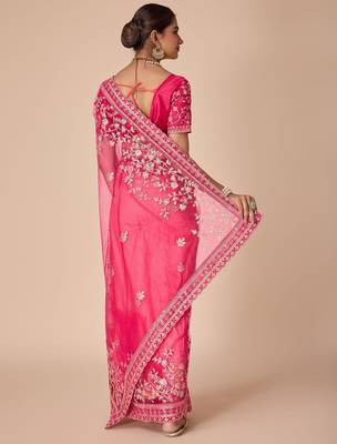 Pink embroidered saree with blouse piece 4