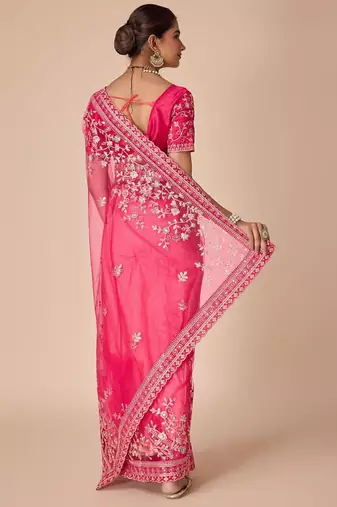 Pink embroidered saree with blouse piece