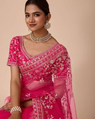 Pink embroidered saree with blouse piece 5