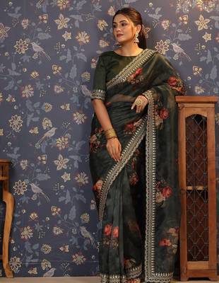 Olive floral printed sequinned organza saree 1