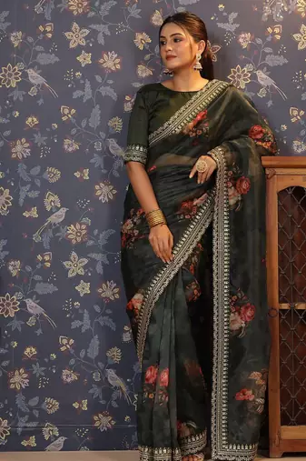 Olive floral printed sequinned organza saree